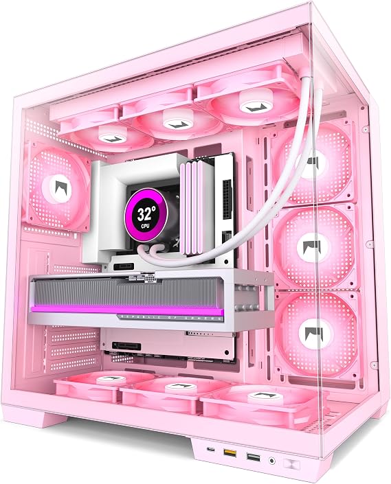 H1 ATX PC Case-Pre-Installed 7 PWM ARGB Fans, Dual Chamber Mid-Tower Gaming PC Case, with Type-C, Simultaneous Installation of 2x 360mm Radiators (Pink, H1)