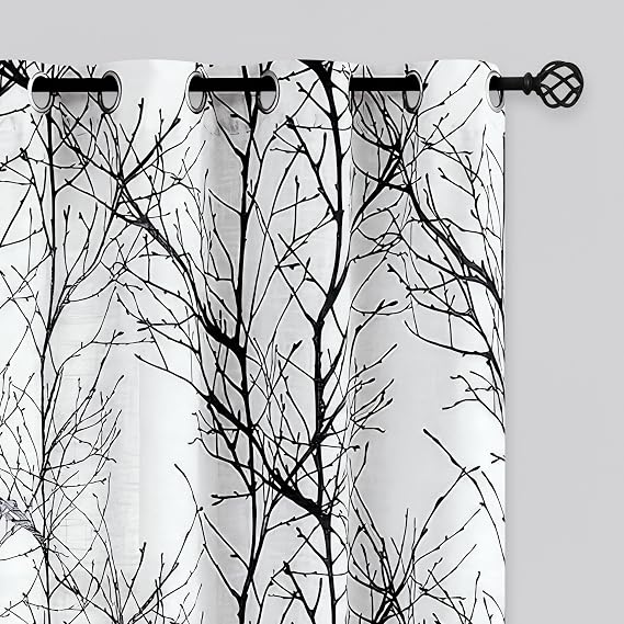 FMFUNCTEX Linen Black White Semi Sheer Print Curtains 63 Inch Long 2 Panels