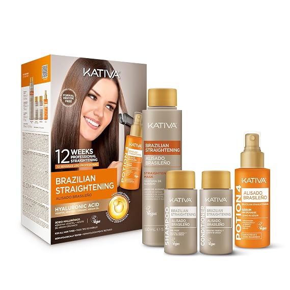 KATIVA Brazilian Keratin Straightening Kit - Alisado Brasileno Keratina + Potion 4 Heat Protectant Serum, Smoothing, Anti Frizz, Hyaluronic Acid, Argan Oil, Vegan, Up to 12 Weeks