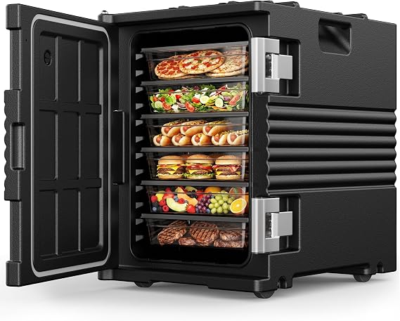 90L Insulated Food Pan Carrier with Wheels, 304 Stainless Steel Latch