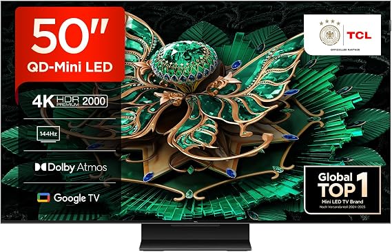 TCL 50C7K 50 Zoll QD-Mini LED Fernseher 4K HDR Premium 2000 Smart Google TV mit 144Hz Motion Clarity Pro (Dolby Vision IQ & Atmos HVA-Panel Game Master)