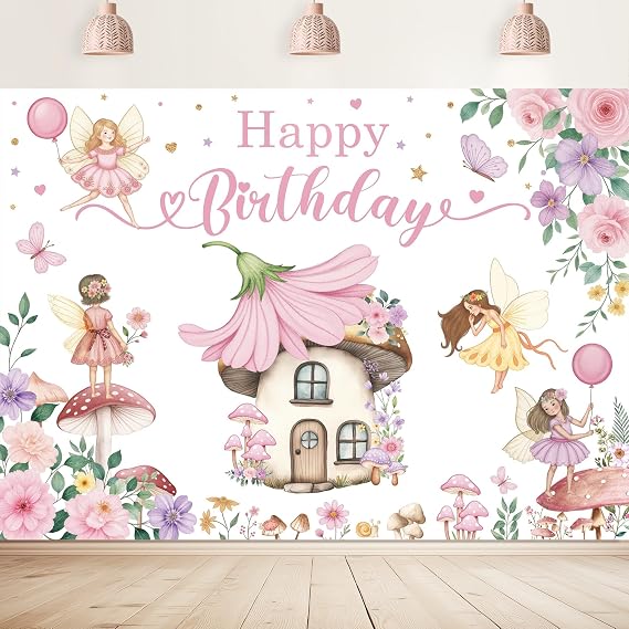Fairy Birthday Backdrop Party Decorations Girls Floral Butterfly Mushroom