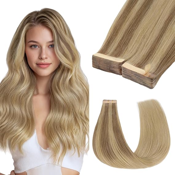 GOO GOO Tape in Hair Extensions Human Hair 14" 100g 40pcs #(T12A/18H) P18H | Ash Beige Blonde Blend, Remy Human Hair, Strong Hold, Long-lasting, Invisible, Daily Wear