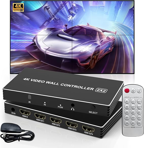 Video Wall Controller 2X2,4K HDMI Video Wall Processor for 4-Channel Splicing Display,8 Splicing Modes 22 12 13 14 21 31 41,180 Rotate and Remote Control,4 TV Screens into 1 Wall Display