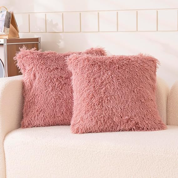 Faux Fur Old Pink Throw Pillow Covers, Fluffy Soft Fuzzy Decorative Pillow Cases Cute Pillowcases for Home Bedroom Living Room, Zipper Closure, Set of 2 (Old Pink, 18"x 18")