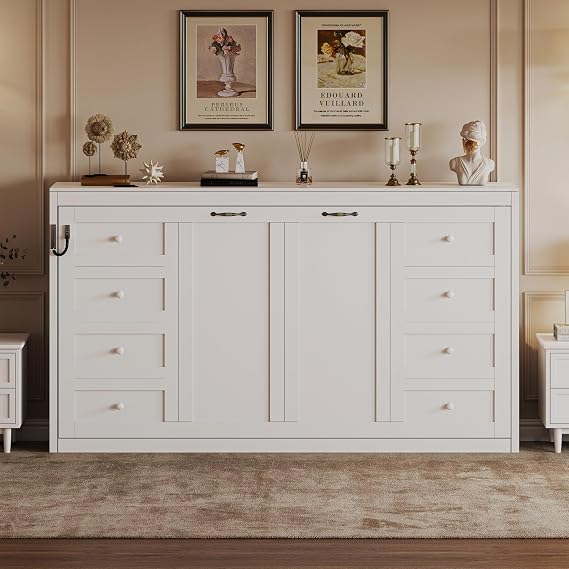 SOFTSEA Farmhouse Wood Queen Size Murphy Bed with LED Lights, Foldable Platform Bed for Living Room, Home Office, White