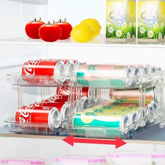 VUSIGN Expandable Soda Can Organizer 2 Pack, Adjustable Width Can Dispenser for Refrigerator 6.1''-9.38'' W, Drink Organizer for Fridge, Can Holder for Standard and Tall Can, Clear