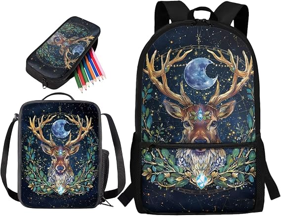 DeeR Print School Backpack Set with Lunch Bag Pencil Case 3 in 1, Lightweight School Bookbag Casual Backpack Set for Preschool Kindergarten Casual Knapsack School Supplies