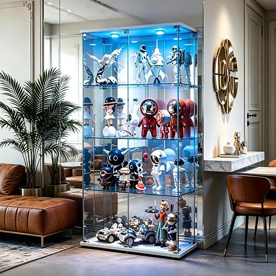 Glass Display Case with LED Lighting Glass Display Cabinet with 2 Doors and 4 Layers Collector's Display Case for Living Room Office Collectibles (2 Doors 4 Tier LED Mirror White)