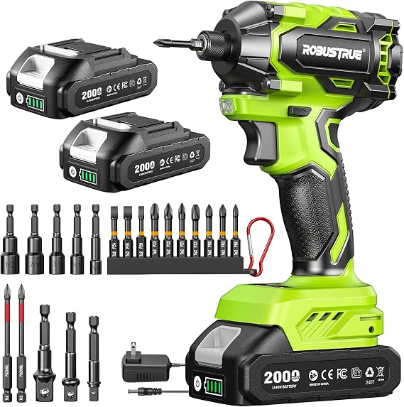 Robustrue Impact Driver: 21V 1/4" Hex Cordless Impact Driver, 230N.m (2,035in-lbs) Brushless Impact Driver Drill Set, 20Psc Screwdriver Bits, 2.0 Ah Battery, Variable Speed for DIY and Automotive