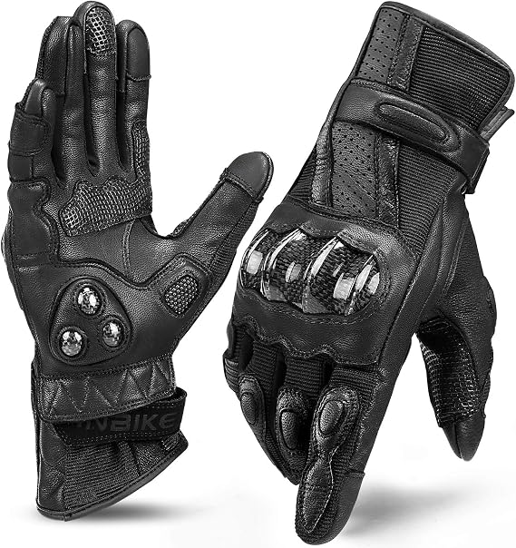 INBIKE Leather Motorcycle Gloves with Carbon Fiber Hard Knuckle Touch Screen for Women All Black Medium