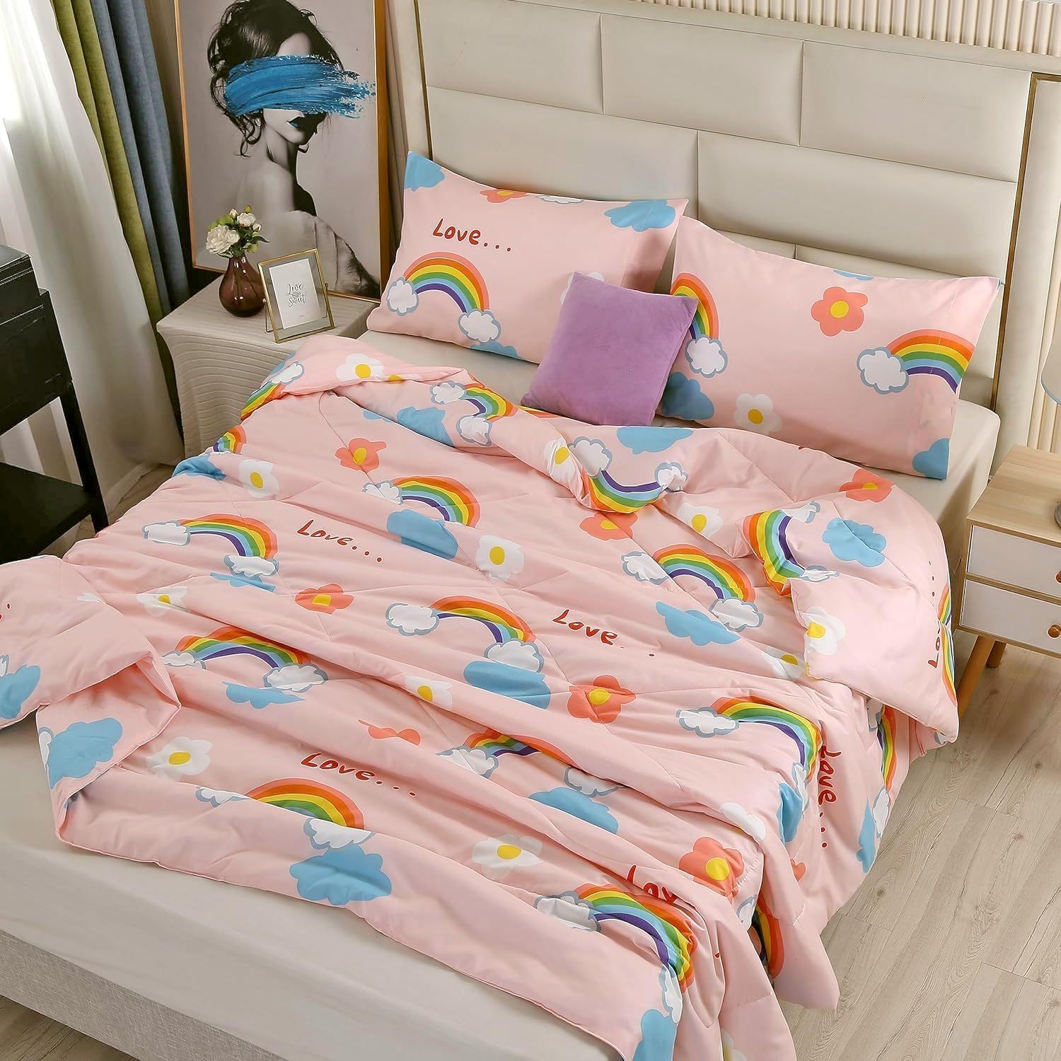 SDY 3PCS Rainbow Comforter Twin, Soft Microfiber Comforter for Girls, Boys and Kids, Rainbow Twin Bedding Set Bed in A Bag with 1 Comforter 2 Pillowcases
