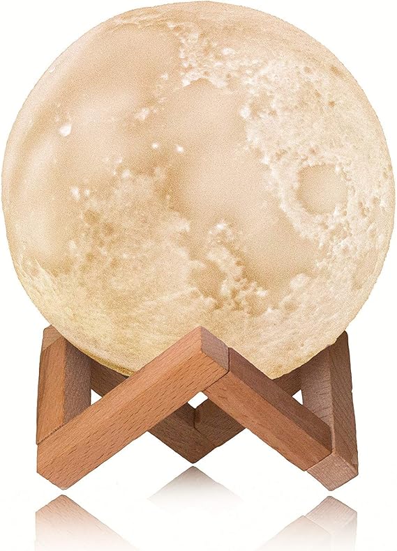 3D Space Moon Light-3D Printing Moon-Stepless Dimmable-Moon Lamp Shade-Warm and White Touch Control Brightness with USB Charging Decor-Lunar Night Light with Wooden Mount-Moon Gifts