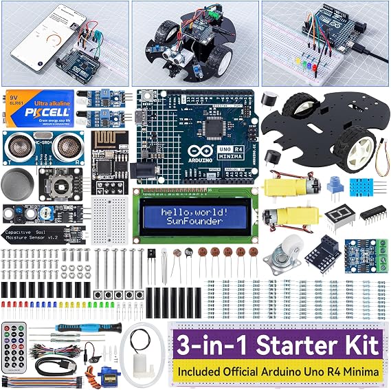 SunFounder 3-in-1 Super Starter Kit with Original Arduino Uno R4 Minima, IoT&Smart Car Projects, ESP8266 WiFi, 50+ Step-by-Step Tutorials for Beginners to Engineers, RoHS Compliant