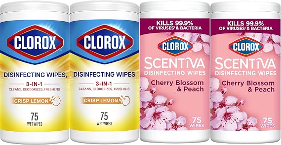 Clorox Disinfecting Wipes Variety Bundle, 2 Crisp Lemon & 2 Cherry Blossom, 300 Total Wipes
