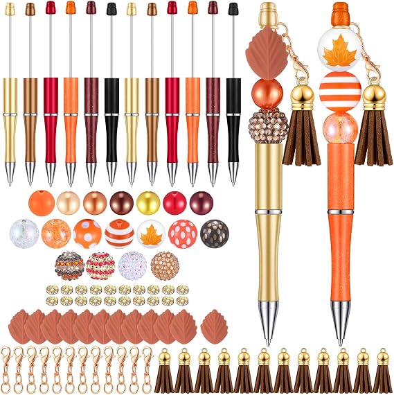 Teling 12 Sets Autumn Beadable Pens Fall Ballpoint Beaded Pen Craft with Focal Silicone Beads Assorted Spacer Beads and Tassels and 12 Pcs Lobster Clasps for Office School DIY Thanksgiving Gift