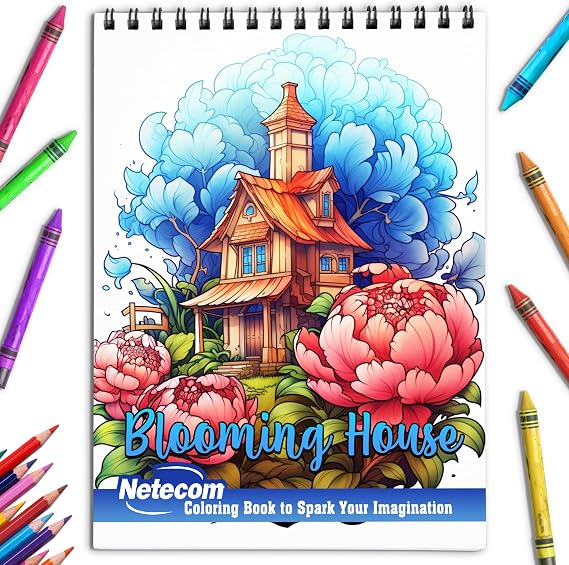 Netecom Blooming House Coloring Book for Adults, Spiral Bound Edition, Premium Cover, 30 Picturesque Scenes Coloring Pages of Floral House Designs for Stress Relief and Relaxation