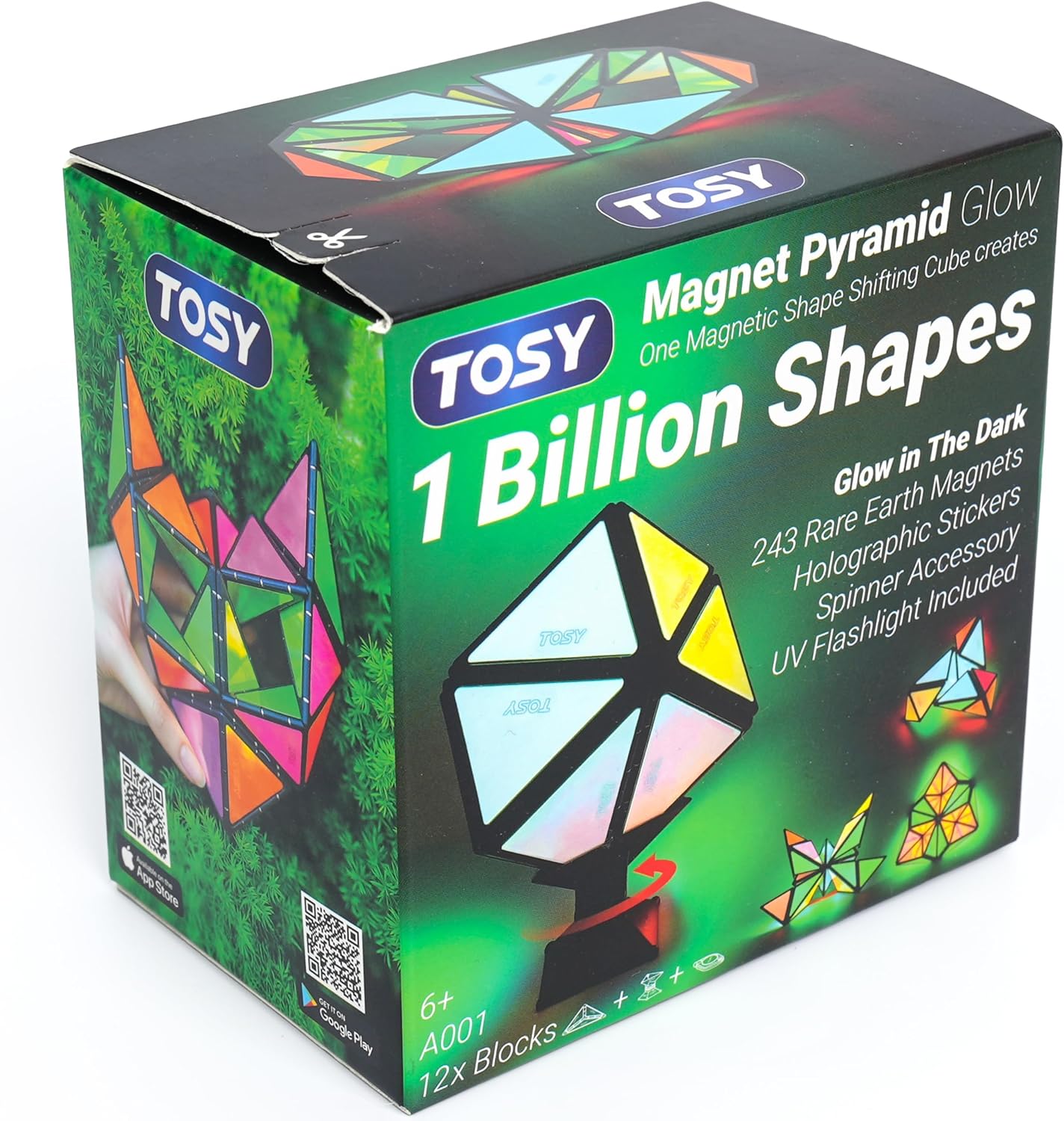 TOSY Magnet Pyramid Glow - 1 Cube Turns Into 1 Billion Shapes 12 Pieces 243 Magnets Luminous Easter Gift for Children Holographic Design Creative STEM/Steam Puzzle