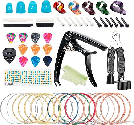 Acoustic Guitar Accessories Kit Guitar Strings Replacement Changing Tool Include Strings, Metal Capo, Picks, Picks Holder, String Winder, Pins, Nuts Saddles for Music Players Beginners,58 Pcs