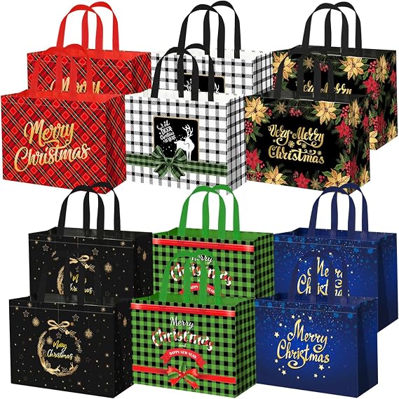 Xylitic 12 Pack Extra Large Christmas Gift Bags with Handles, Reusable Non-Woven Tote Bags for Xmas Party Favors, Holiday Shopping, New Year Presents Wrapping, 17"x12.6"x7.2"