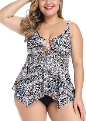 FlatterMe Women Plus Size Swimsuit V-Neck Bathing Suits 2 Piece Tankini Swimwear