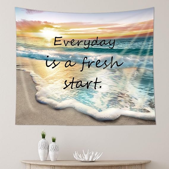 AMBZEK Ocean Beach Wall Tapestry, Inspirational Quote, Coastal Style, 59Hx51W, Bedroom, Dorm, Living Room Decor