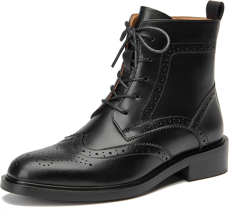 BEAU TODAY Combat Boots Womens Fall Shoes Winter Leather Ankle Boots for Women Oxfords Dressy Lace Up Wingtip Brogue Short Booties