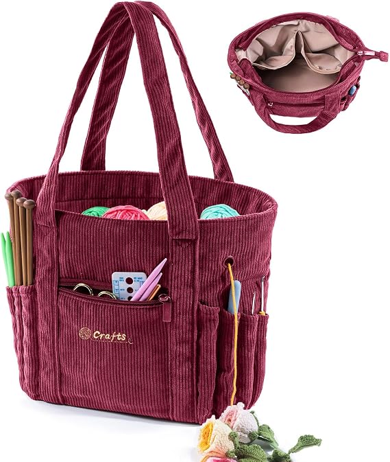 MYBAGZING Crochet Bag and Tote - Corduroy Yarn Bag - Yarn Holder for Crocheting - Crochet Storage Bag for Crochet Hooks, Crochet Accessories, Knitting Bag for Crochet Lovers, Mother's Day Gift