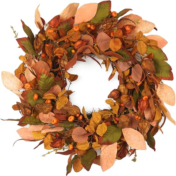 Autumn Wreath with Small Pumpkin, Berry & Leaves - 22 inch, Indoor/Outdoor Farmhouse Decoration