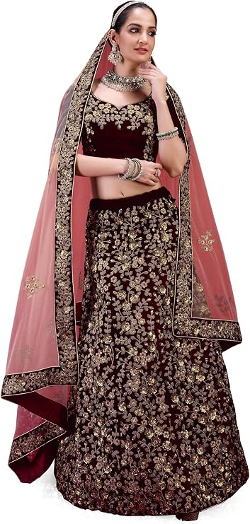 TRENDMALLS Women's Velvet Embroidery Work Lehenga Choli Dupatta Ready To Wear