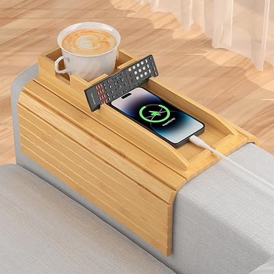 Bamboo Sofa Armrest Tray, Couch Arm Tray with Detachable Couch Cup Holder, 2 in 1 Design Anti-Slip Foldable Sofa Table,Cup Holder for Drinks Cup Cellphone Remote Snacks Eating Table