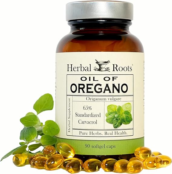 Herbal Roots Oil of Oregano Softgels - 65% Carvacrol - Extra Strength Immune and Gut Health Support - 90 Easy to Swallow Capsules