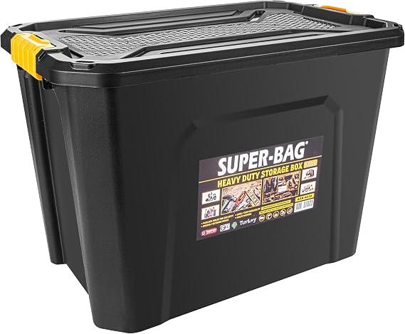 Super Bag 60 L Kapaklı Saklama Kutusu, Ağır Hizmet Depolama Kutusu, Çok Amaçlı Plastik Koli ve Düzenleme Kutusu, Kilitli Kapaklı, Ev Garaj Depo Ofis Kullanımı