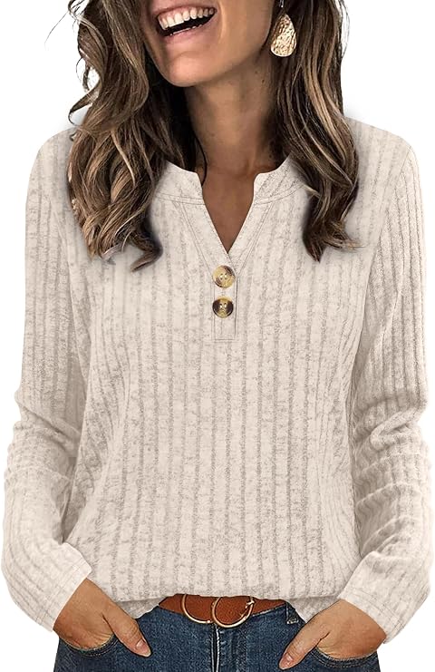 SAMPEEL Womens Sweaters Lightweight Long Sleeve Shirts V Neck Tops with Button Fall Outfits 2025