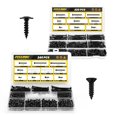 Wood Screws Assortment Kit, FIXLINK 240 PCS and 220PCS High Hardness Flat and Truss Head Wood Screws Set, Phillips Drive Assorted Screws, Contain Anchors and 8 Size, Black
