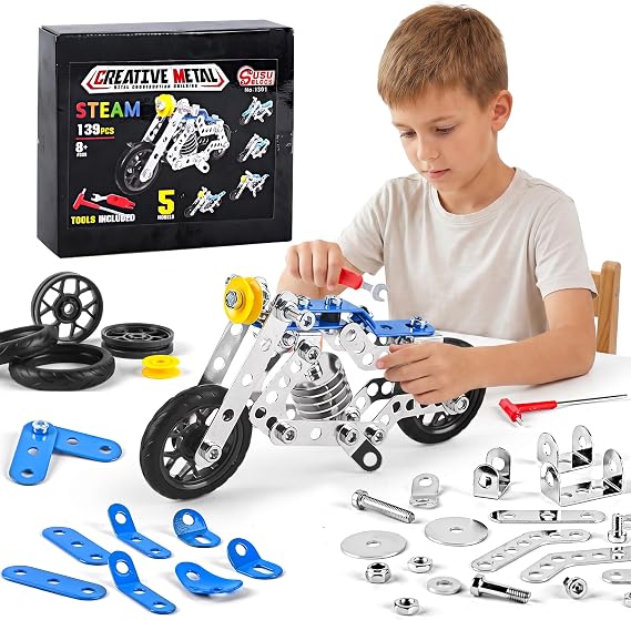 Ferthor Fun Creative Set Motorcycle,Stem Building Projects Toys for Kids 8 9 10 11 12+ Year Old,Metal Building Construction Model kit, 5 in 1 Motobike Building Blocks Steam Educational Toys(139PCS)