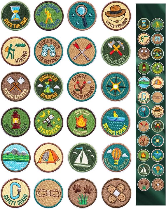 24-Pcs Outdoor-Themed Iron-On Patches, 1.8 inch Embroidered Badges for Hats, Backpacks & Jackets. Features Bonfire, Tent, and Mountain Designs. Perfect for DIY Repair and Decoration(Retro)