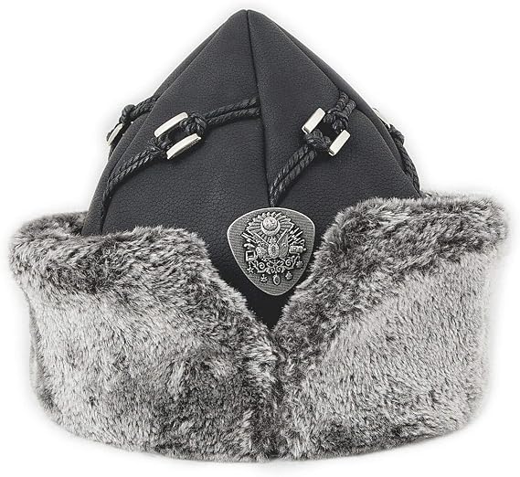 Yasir Turkish Ottoman Bork Hat Ertugrul Dirilis Fur Leather Ottoman Coat of Arms #2001 Black