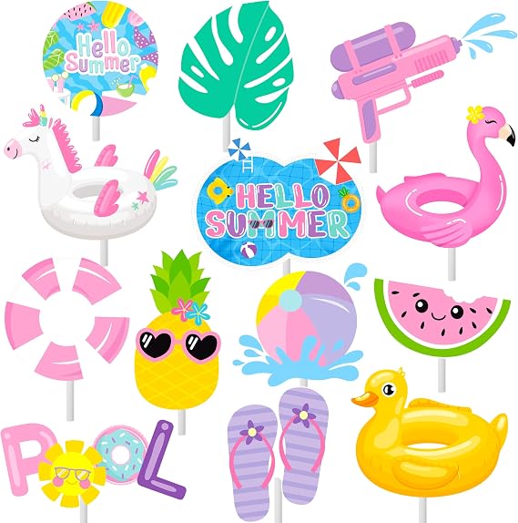 36pc Summer Cupcake Toppers - Pool Party Decorations - Water Themed Birthday Cake Picks for Swimming Baby Shower