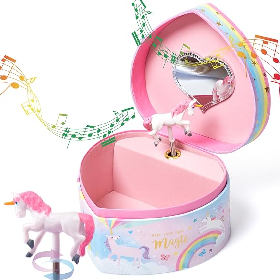 Jewelkeeper Music Jewelry Box for Girls Unicorn Jewelry Box with Mirror, Twirling Figurine & Soft Flocked Lining Heart-Shaped Kids Jewelry Box for Valentines Day Gifts