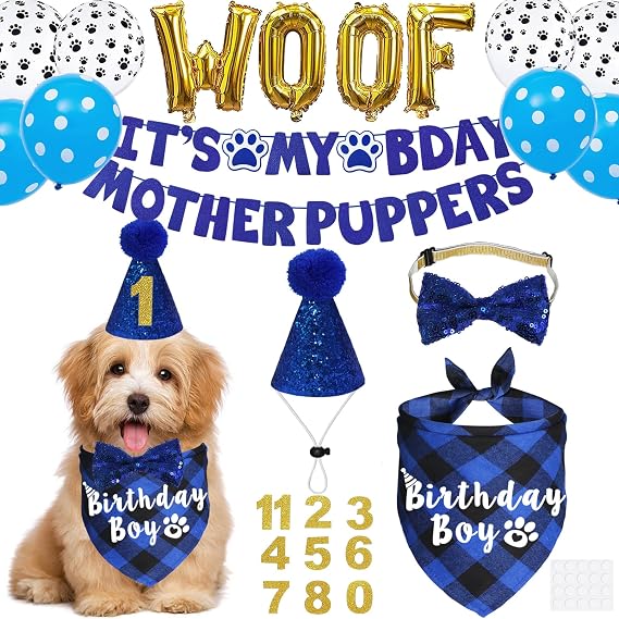 Dog Birthday Decorations, Multi Sizes Dog Birthday Bandana Boy Dog Birthday Hat Numbers Bow Tie Its My Bday Mother Puppers Sign Banner WOOF Balloons for Small Dogs (Blue, Small)