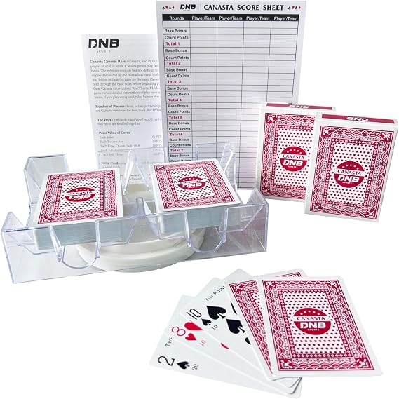 DNB Canasta Card Game Set - Includes 2 Decks of Red Scored Playing Cards a Revolving Card Tray 50-Page Score Pad and Game Instructions