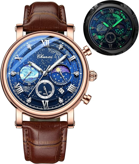 Gosasa New Business Mens Watch Luxury Style Moon Phase Chronograph Quartz Watches for Men Leather Strap Calendar Casual Men's Watch Luminous Waterproof