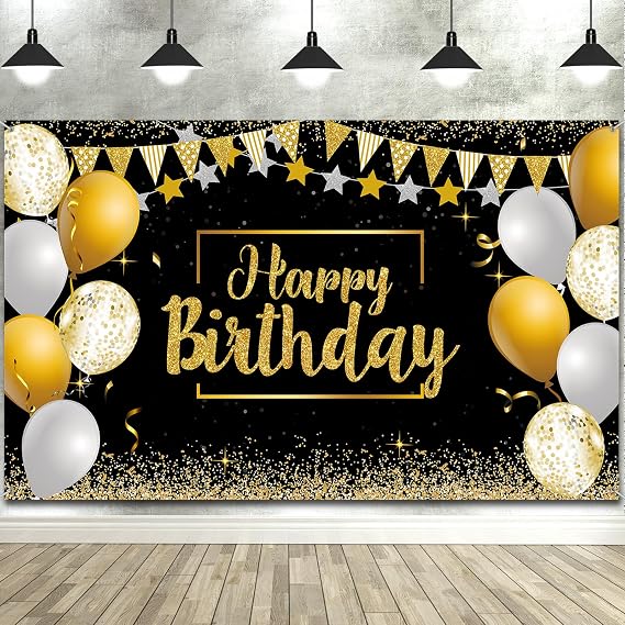 Tatuo Happy Birthday Banner Backdrop Decoration for Men Women, Black Gold