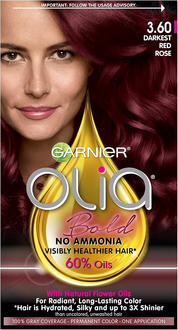Garnier Olia Ammonia-Free Brilliant Color Oil-Rich Permanent Hair Color, 3.60 Darkest Red Rose (Pack of 1) Red Hair Dye (Packaging May Vary)