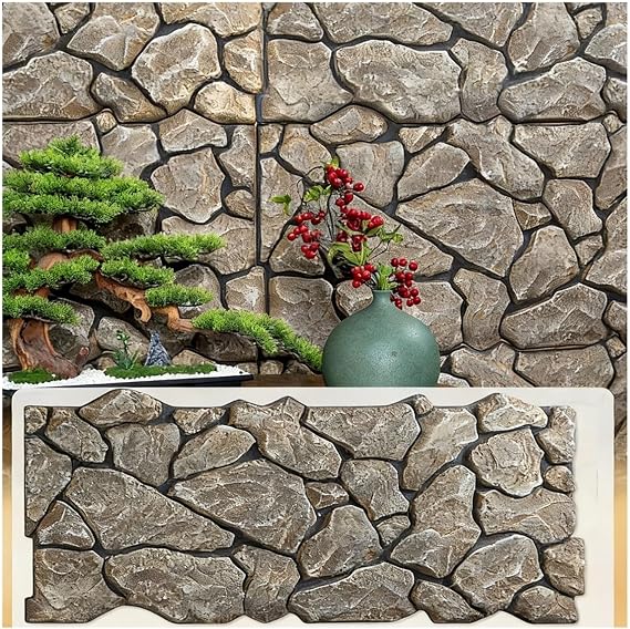 Wall Decor 3D Panel, Home Improvement Projects River Rock Faux Rock Panel, Artificial PU Wainscoting Panel for Interior Exterior(E,1pcs-60x120cm)