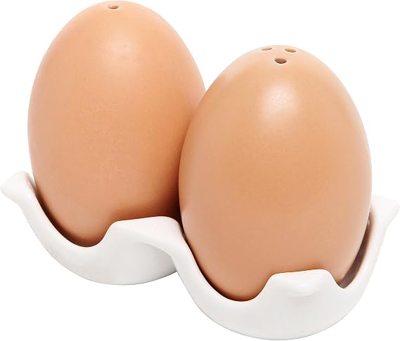 MyGift Ceramic Salt Pepper Shaker Set Brown Egg Shaped Carton Holder