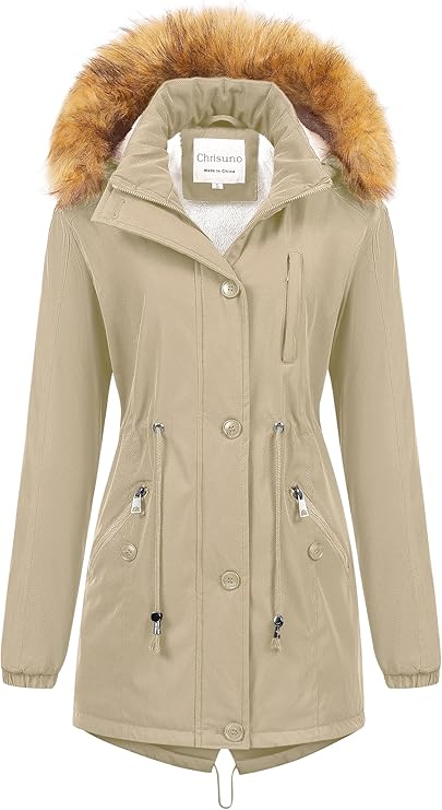 Chrisuno Women's Mid-Length Military Parka Winter Outerwear Insulated Jacket Soft Fleece Snow Faux Fur Coat