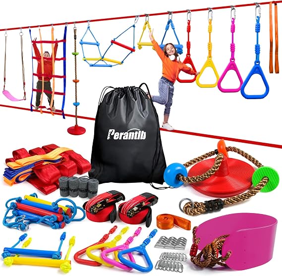 Ninja Warrior Obstacle Course for Kids-Playground Fitness Equipment Ninja Slackline with Multiple Accessories for Kids,Contain Swings,Rope ladders,Rings,Ninja Couse for Kids Outside (2x56ft)