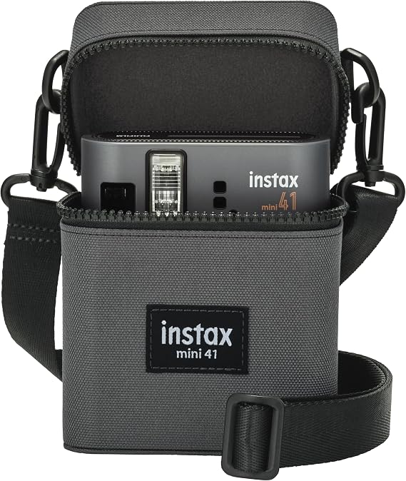 INSTAX mini 41 Instant Camera case with Shoulder Strap, Zip Fastening Camera Pouch and Rear Film Pocket, Finished in toughened Charcoal Grey Fabric